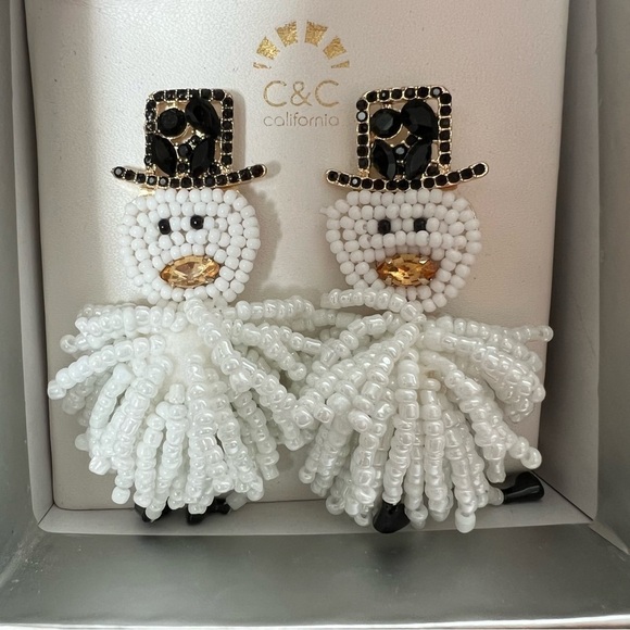NWT C&C California Beaded Rhinestone Snowman Earrings - Picture 3 of 5